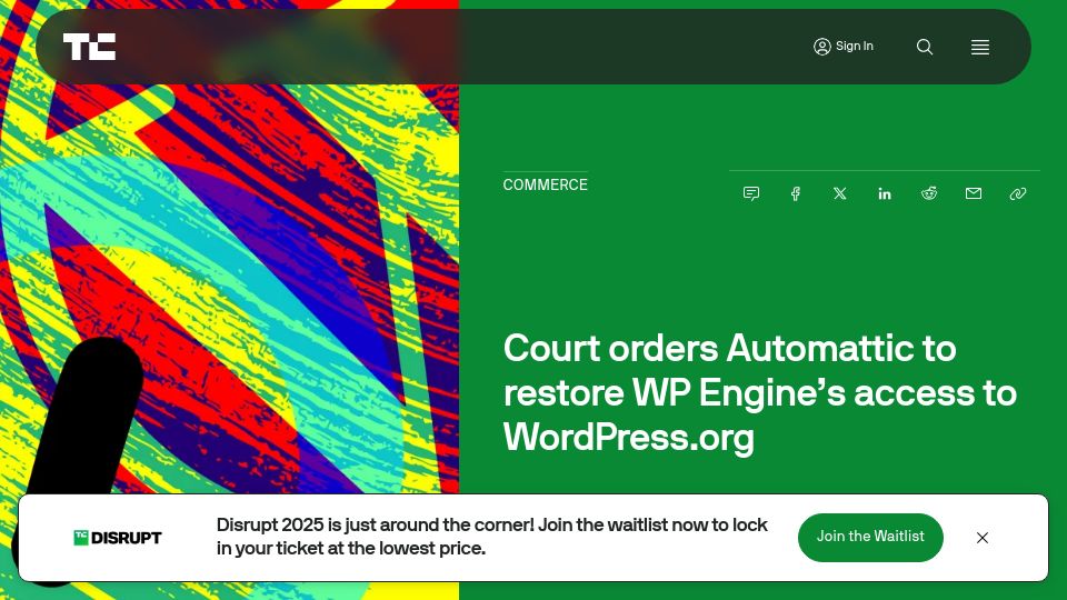 Screenshot of techcrunch.com: Court orders Automattic to restore WP Engine's access to WordPress.org