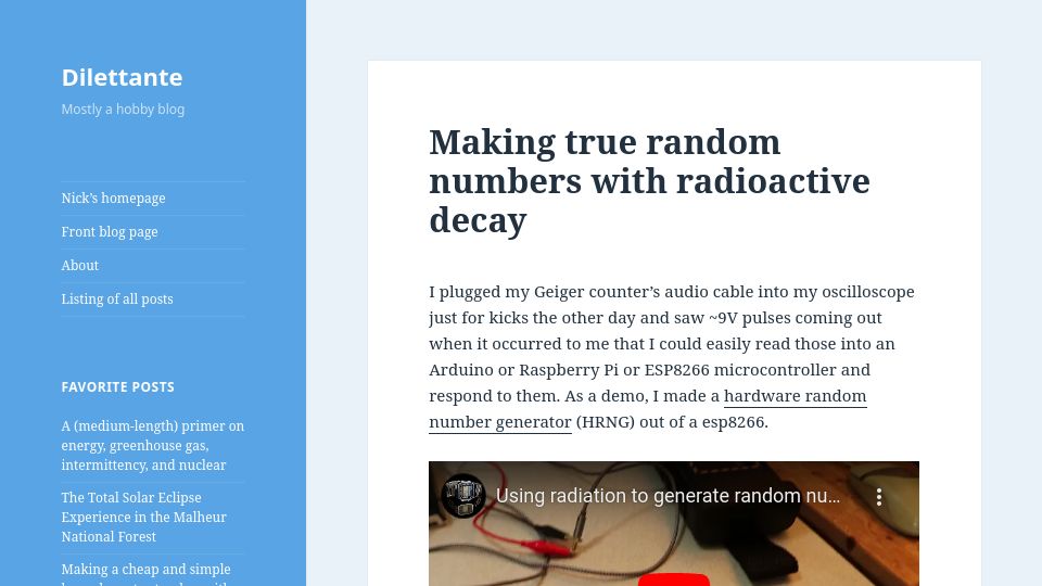 Screenshot of partofthething.com: Making true random numbers with radioactive decay (2021)