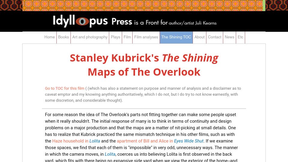 Screenshot of idyllopuspress.com: Stanley Kubrick's the Shining Maps of the Overlook