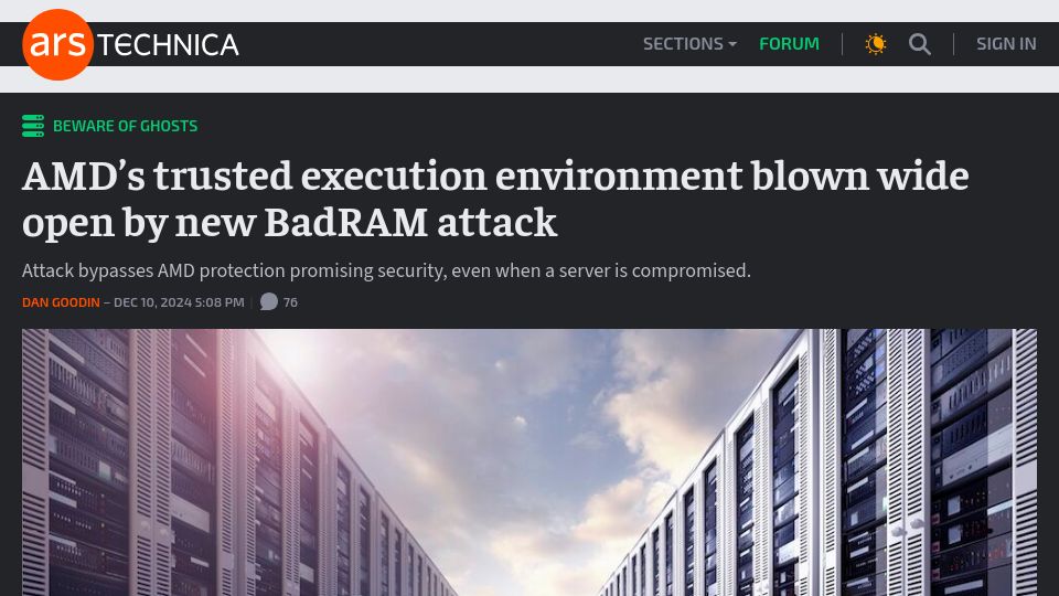 Screenshot of arstechnica.com: AMD's trusted execution environment blown wide open by new BadRAM attack