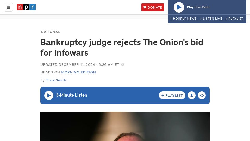 Screenshot of npr.org: Bankruptcy judge rejects The Onion's bid for Infowars