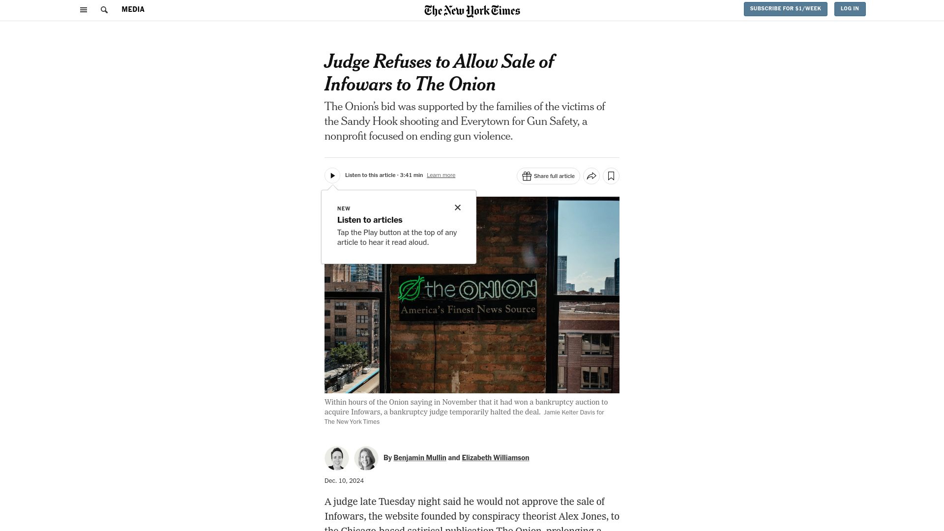 Screenshot of nytimes.com: Bankruptcy judge rejects sale of Infowars to The Onion