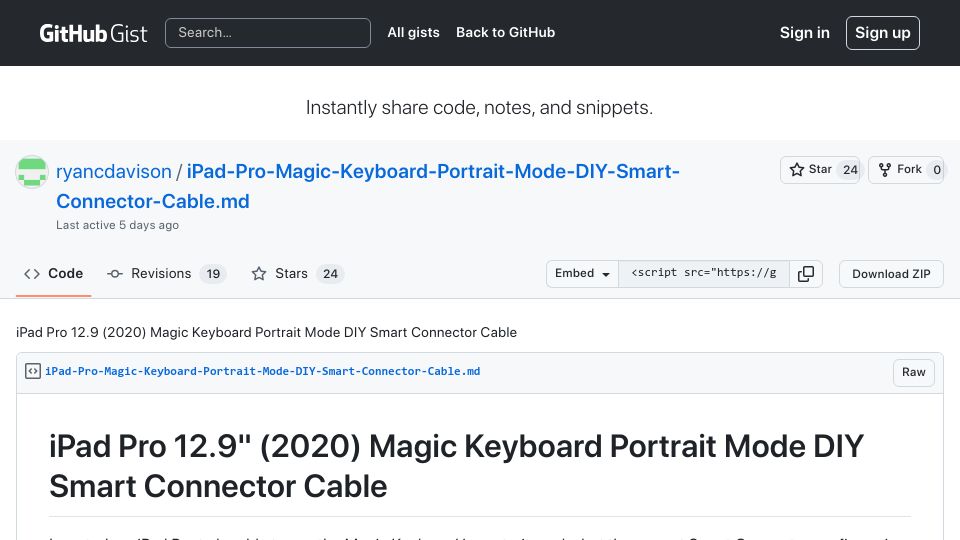 Screenshot of gist.github.com: DIY Apple iPad Magic Keyboard Portrait Mode Smart Connector Cable