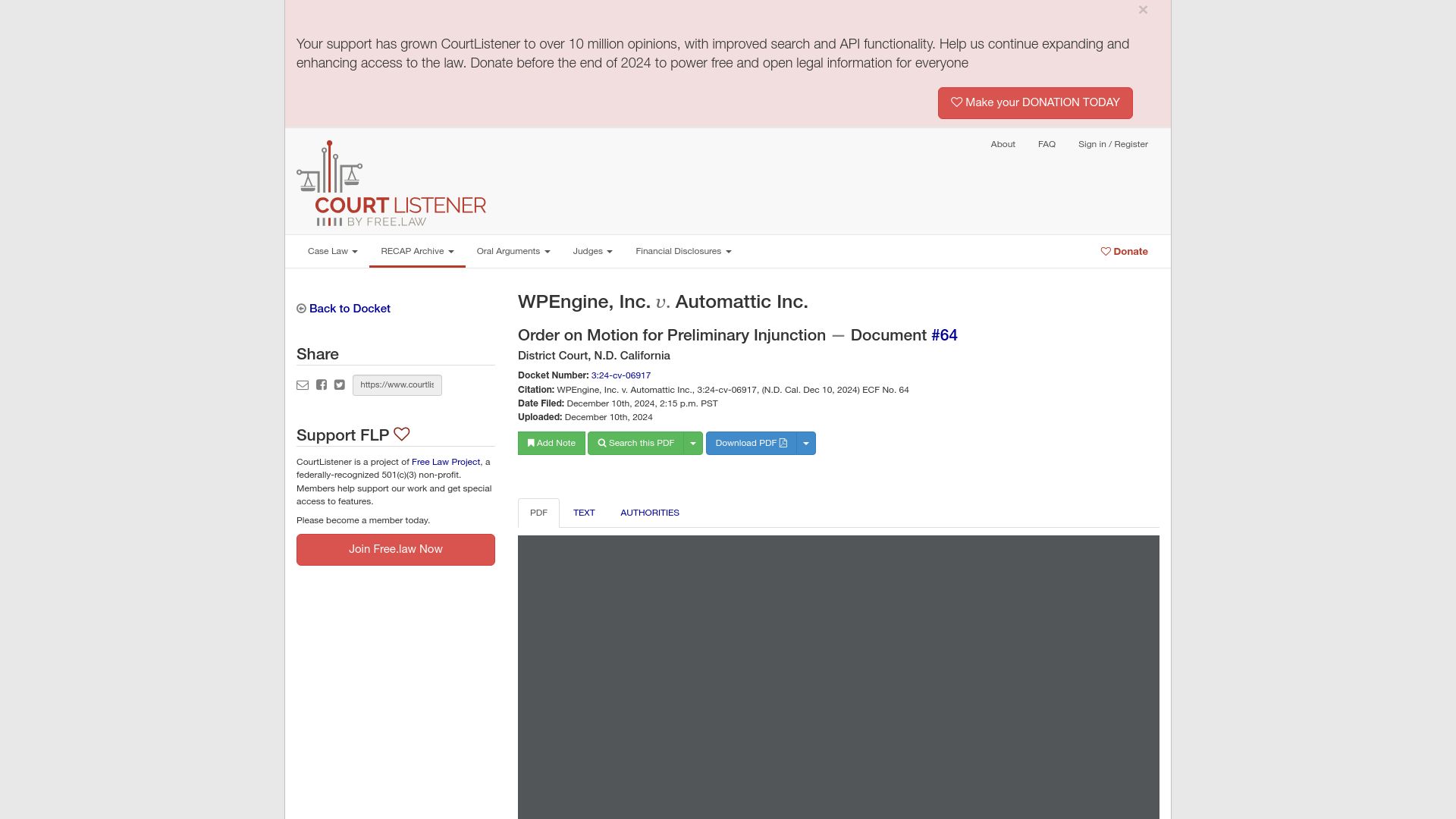 Screenshot of courtlistener.com: WPEngine, Inc. vs. Automattic– Order on Motion for Preliminary Injunction