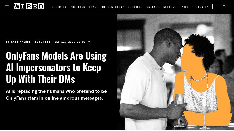 Screenshot of wired.com: OnlyFans models are using AI impersonators to keep up with their DMs