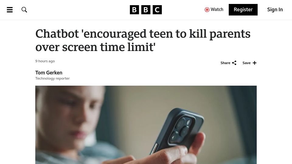 Screenshot of bbc.com: Chatbot 'encouraged teen to kill parents over screen time limit'