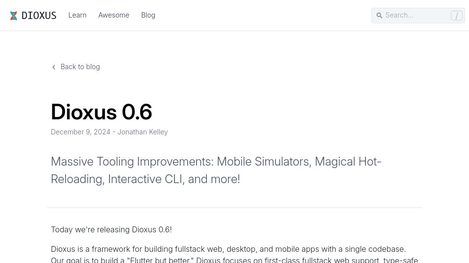 Screenshot of dioxuslabs.com: Dioxus 0.6 – Crossplatform apps with Rust