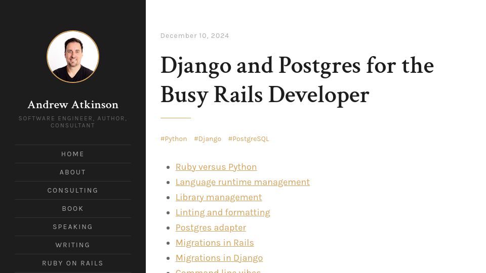 Screenshot of andyatkinson.com: Django and Postgres for the Busy Rails Developer