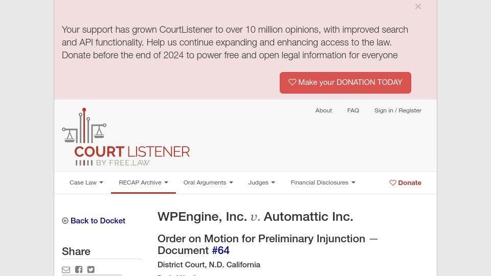Screenshot of courtlistener.com: WPEngine, Inc. vs. Automattic– Order on Motion for Preliminary Injunction
