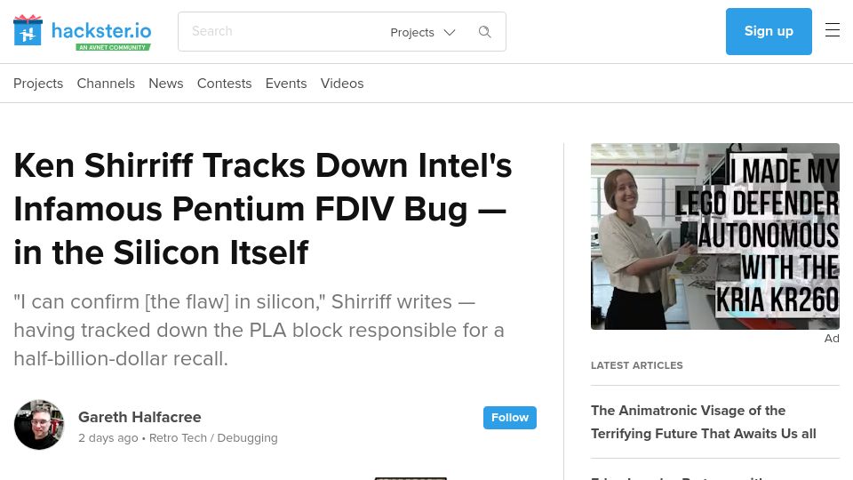 Screenshot of hackster.io: Ken Shirriff Tracks Down Intel's Infamous Pentium FDIV Bug in the Silicon Itself