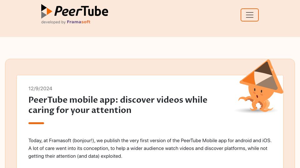 Screenshot of joinpeertube.org: PeerTube mobile app: discover videos while caring for your attention
