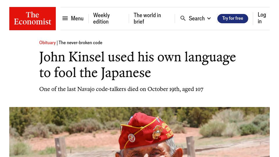 Screenshot of economist.com: One of the last Navajo code-talkers died on October 19th, aged 107