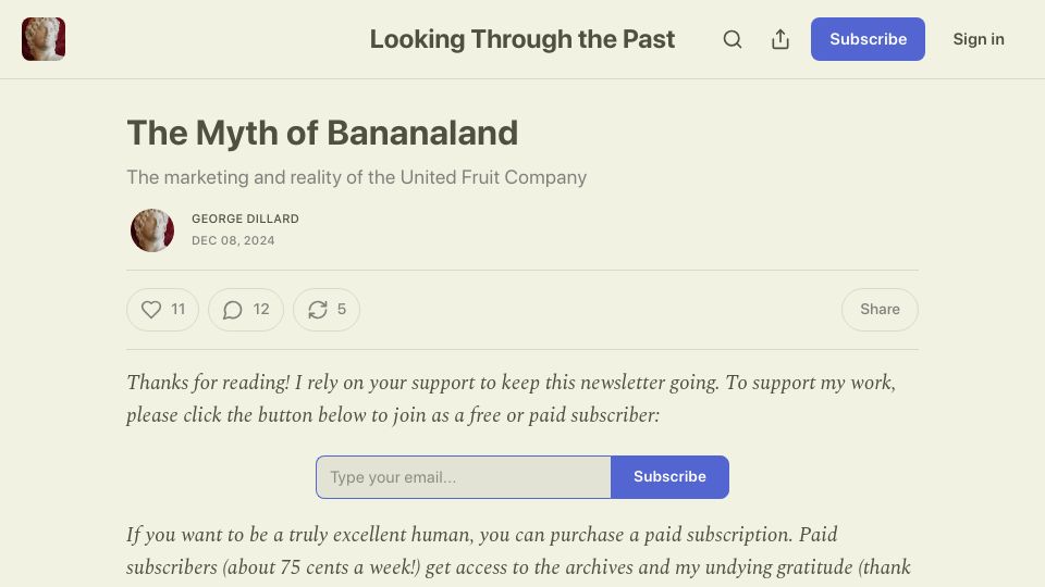 Screenshot of worldhistory.substack.com: The Myth of Bananaland