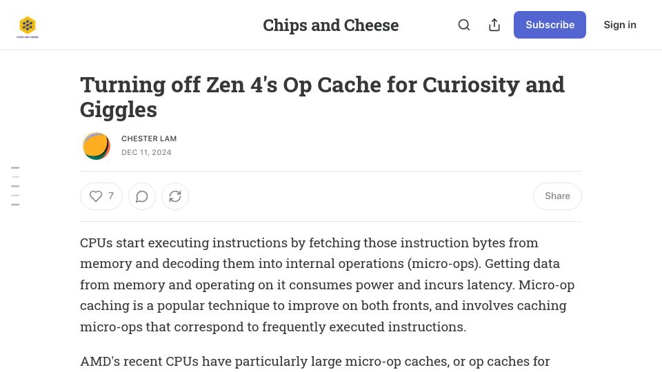 Screenshot of chipsandcheese.com: Turning Off Zen 4's Op Cache for Curiosity and Giggles