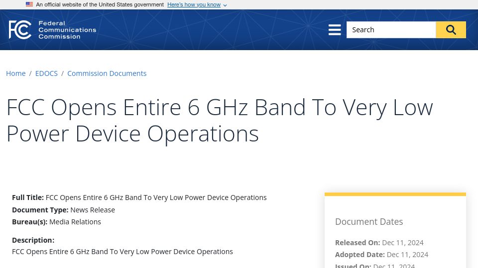 Screenshot of docs.fcc.gov: FCC opens entire 6 GHz band to low power device operations