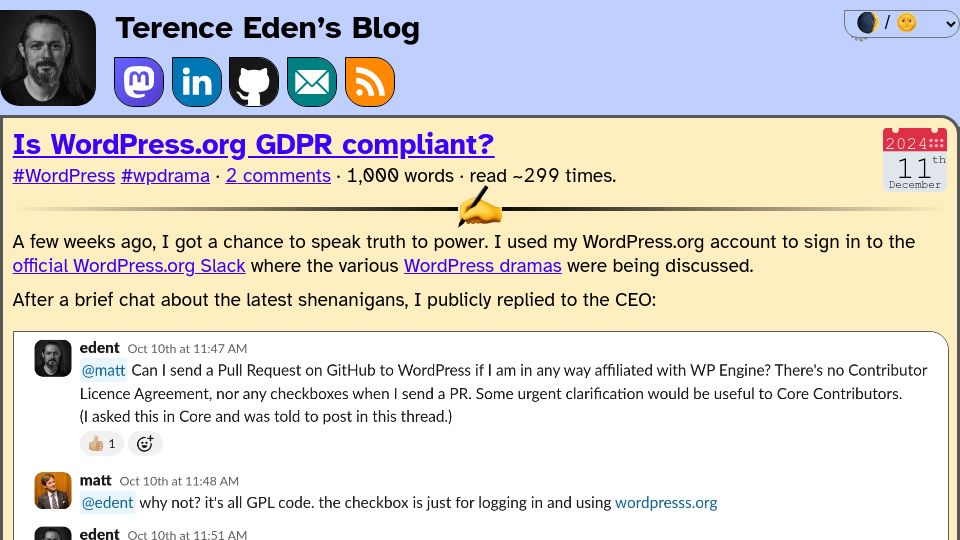 Screenshot of shkspr.mobi: Is Wordpress.org GDPR Compliant?