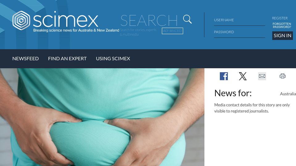Screenshot of scimex.org: Being overweight overtakes tobacco smoking as the leading disease risk factor