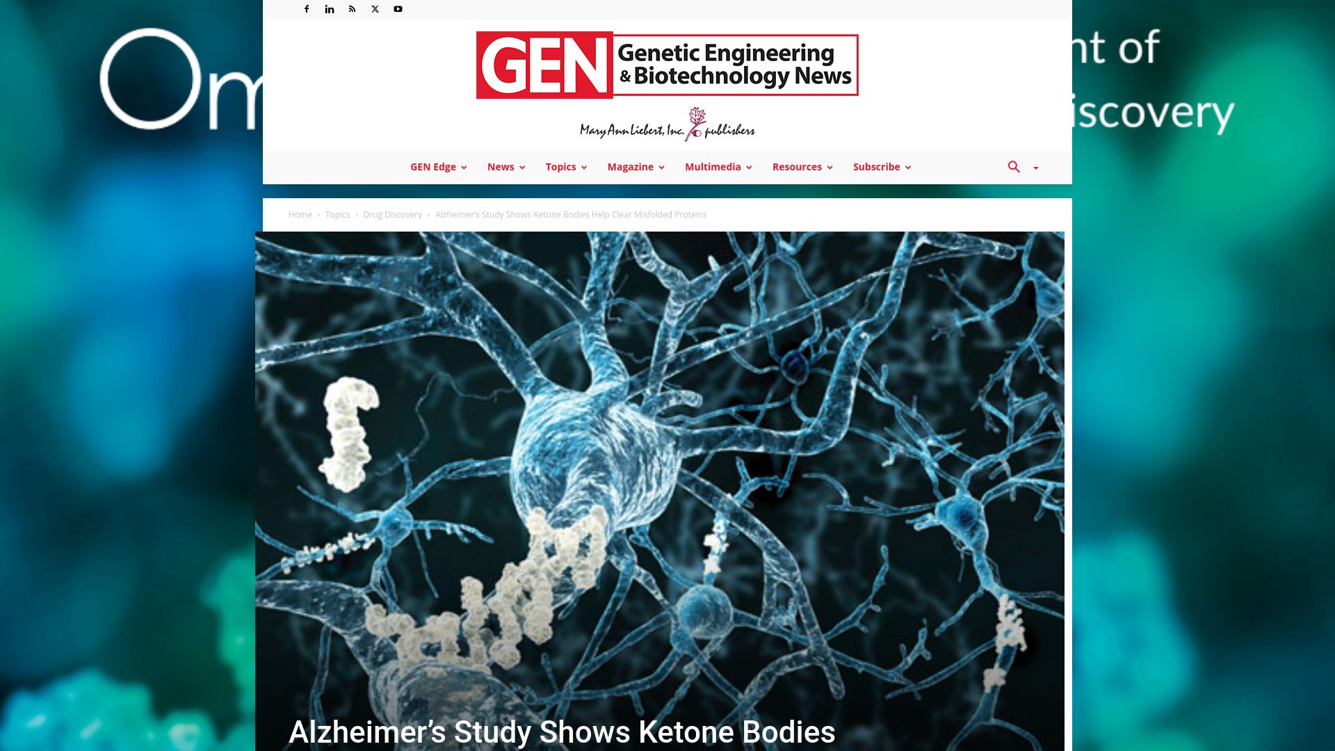 Screenshot of genengnews.com: Alzheimer's study shows ketone bodies help clear misfolded proteins