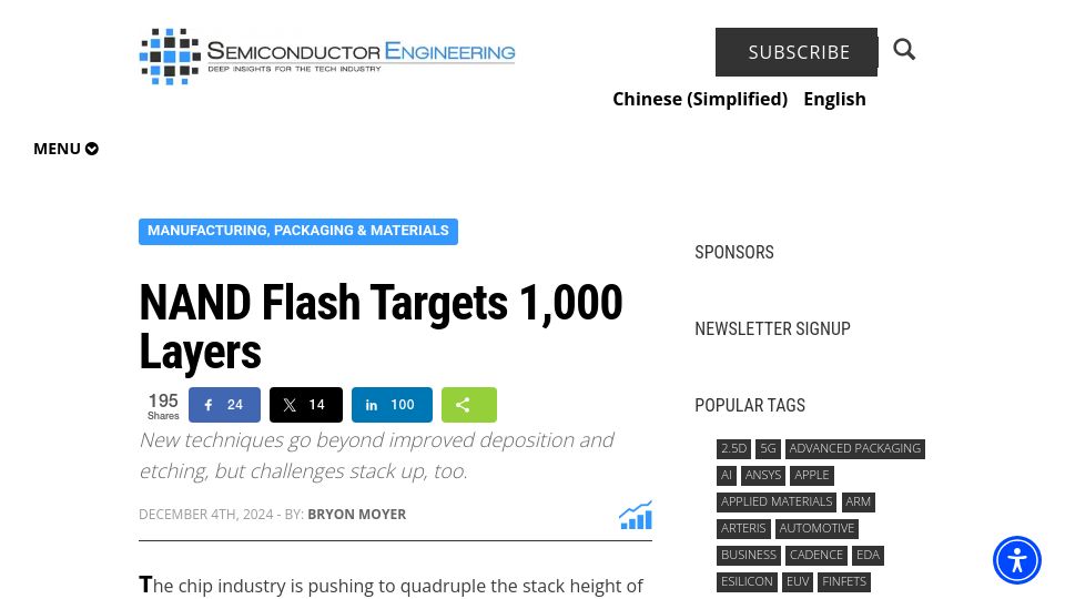 Screenshot of semiengineering.com: NAND Flash Targets 1k Layers