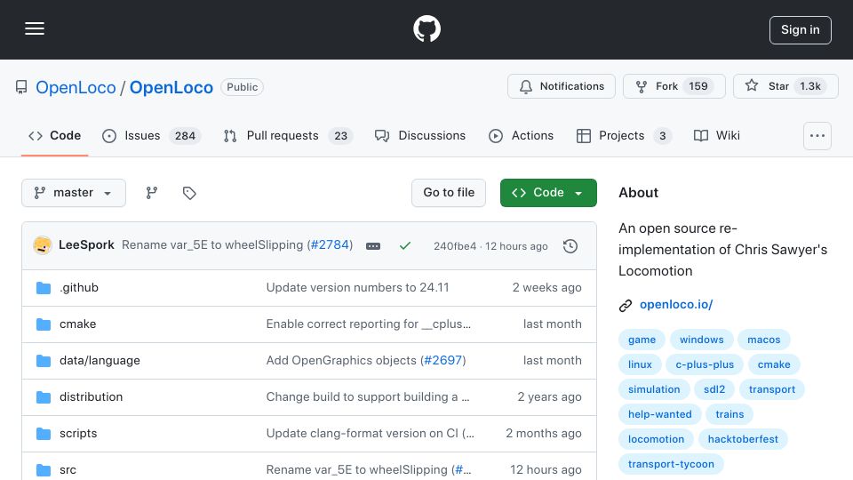 Screenshot of github.com: OpenLoco: An open source re-implementation of Chris Sawyer's Locomotion