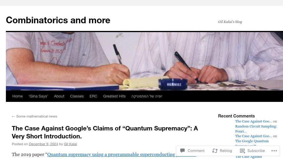 Screenshot of gilkalai.wordpress.com: The case against Google's claims of "quantum supremacy"