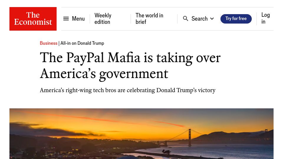 Screenshot of economist.com: The PayPal Mafia is taking over America's government