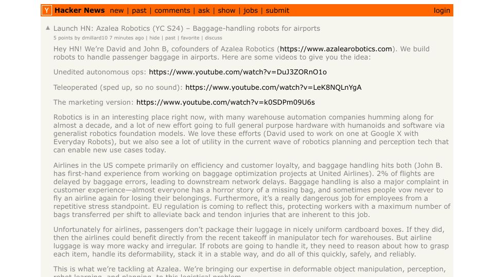 Screenshot of Hacker News post: Launch HN: Azalea Robotics (YC S24) – Baggage-handling robots for airports