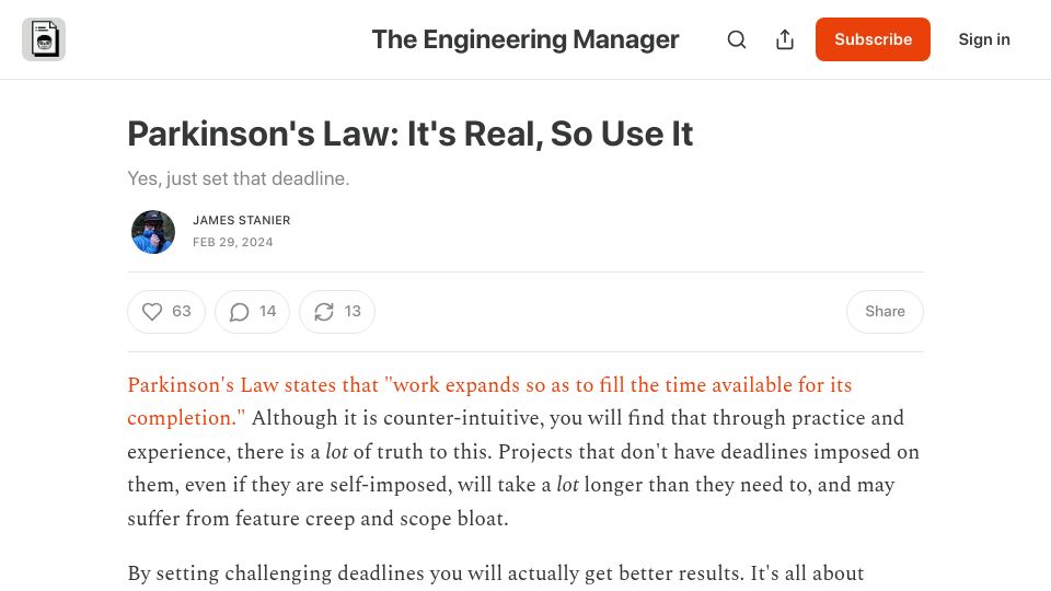 Screenshot of theengineeringmanager.substack.com: Parkinson's Law: It’s real, so use it