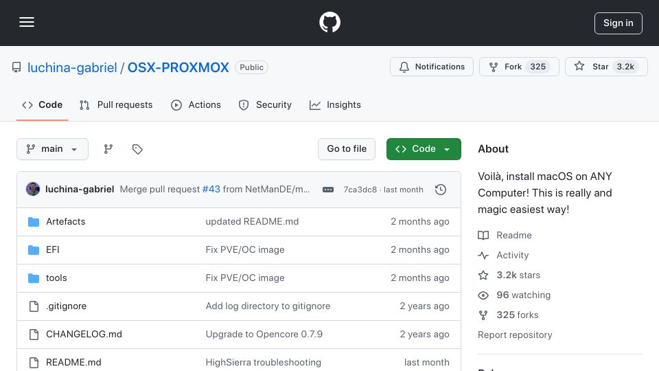 Screenshot of github.com: Instant macOS install on Proxmox including AMD patches