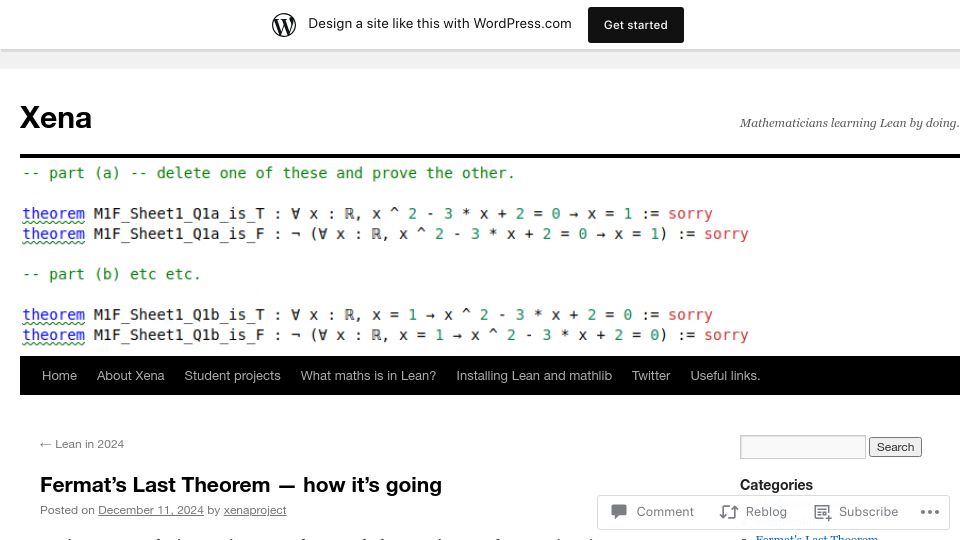 Screenshot of xenaproject.wordpress.com: Fermat's Last Theorem – how it’s going