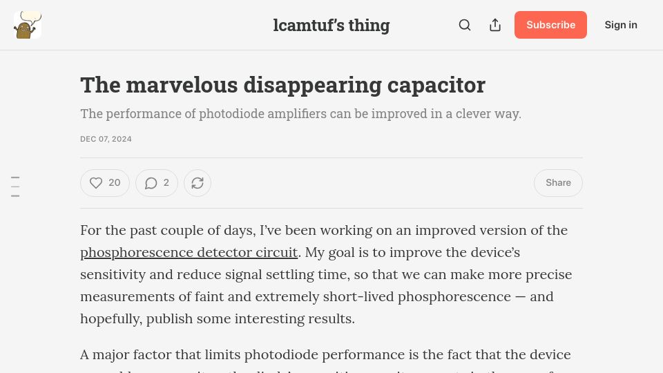 Screenshot of lcamtuf.substack.com: The Marvelous Disappearing Capacitor