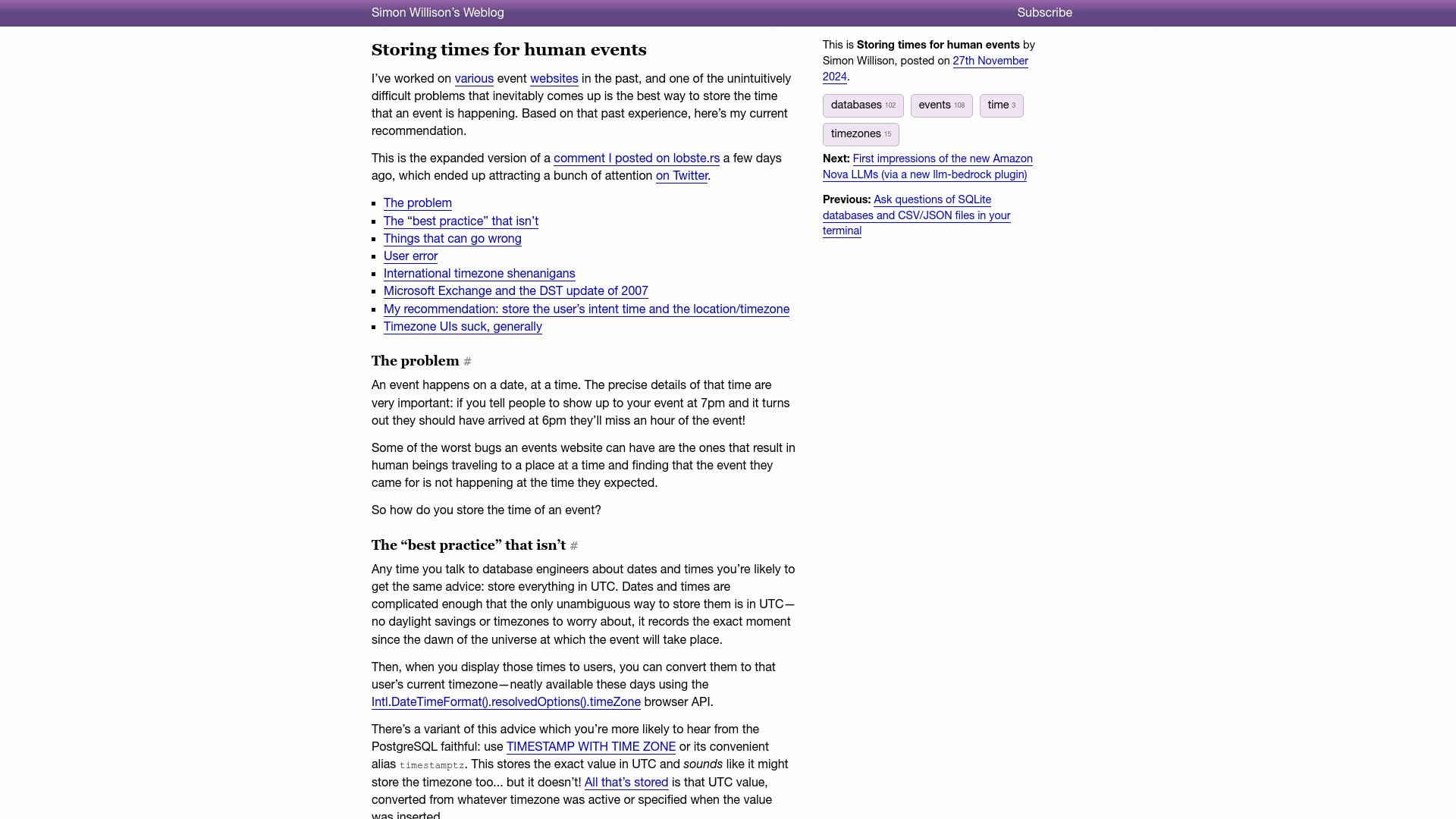 Screenshot of simonwillison.net: Storing Times for Human Events