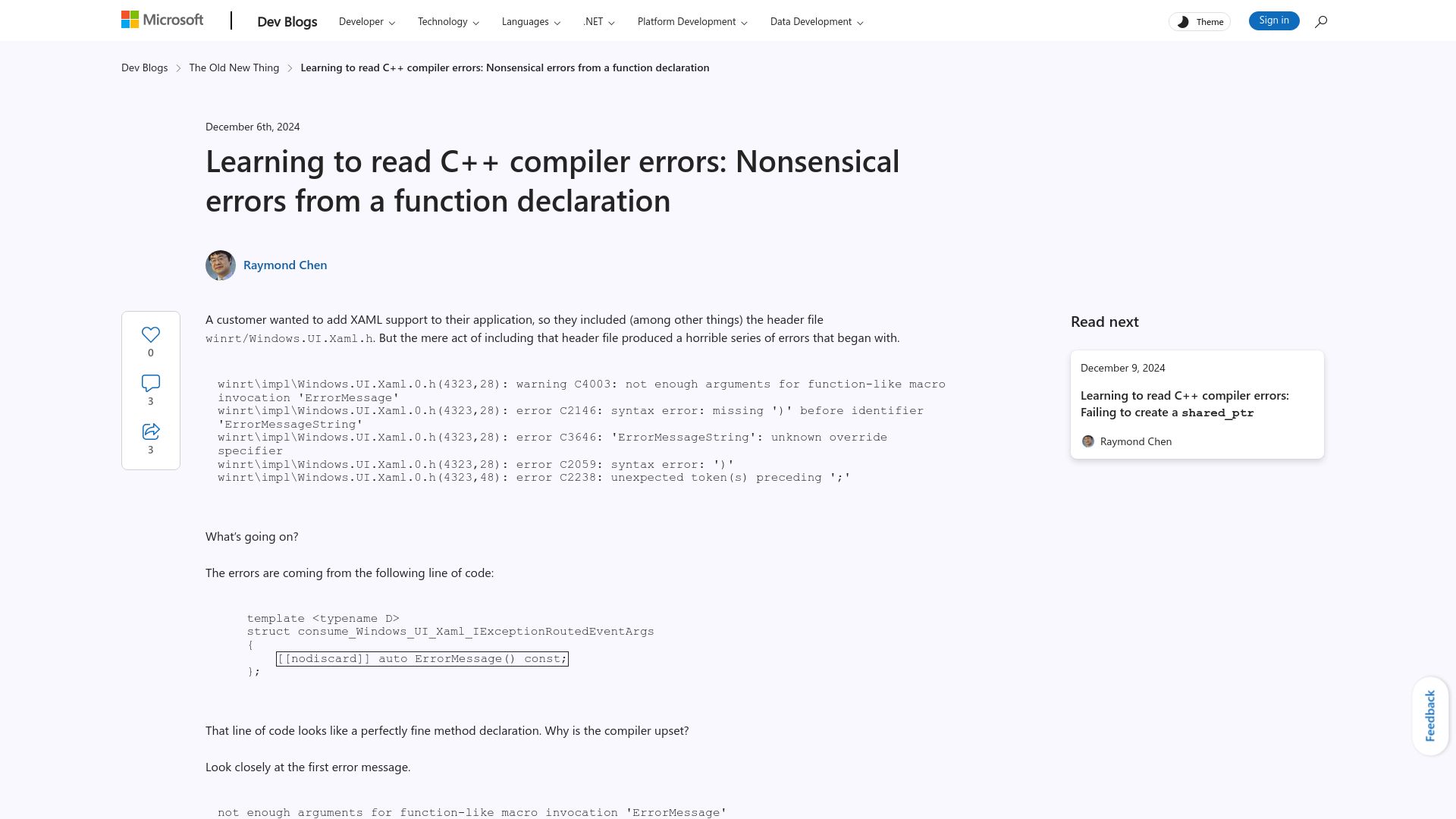 Screenshot of devblogs.microsoft.com: Deciphering C++ compiler errors: Nonsensical errors from a function declaration