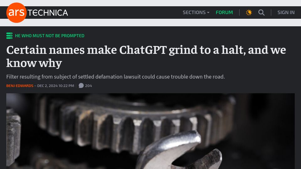 Screenshot of arstechnica.com: Certain names make ChatGPT grind to a halt, and we know why