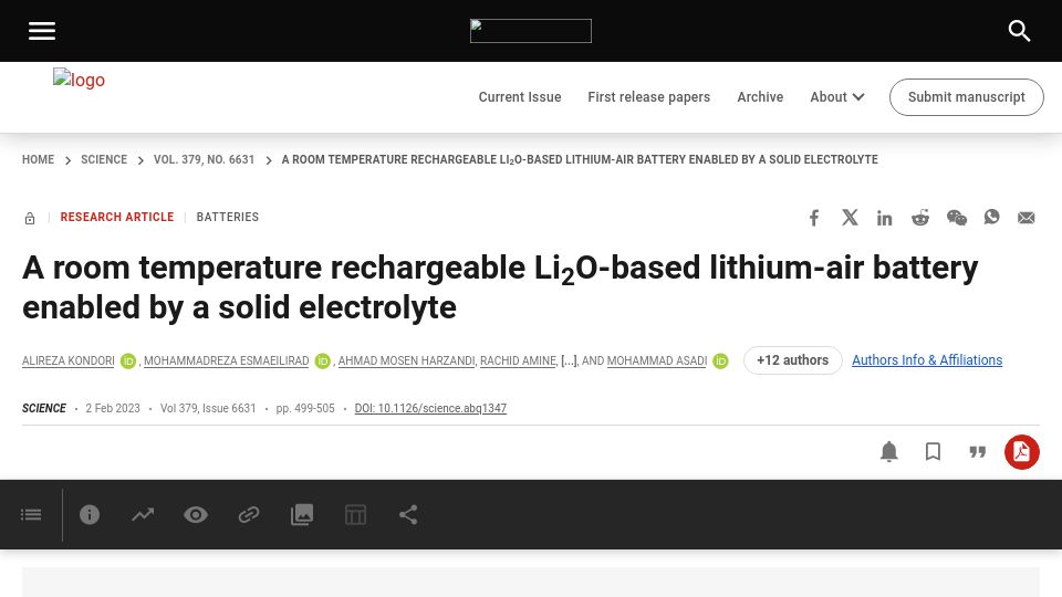 Screenshot of science.org: A room temperature Li2O-based lithium-air battery enabled by a solid electrolyte