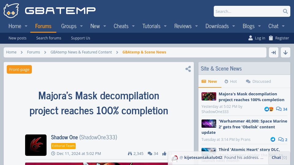Screenshot of gbatemp.net: Majora's Mask decompilation project reaches 100% completion