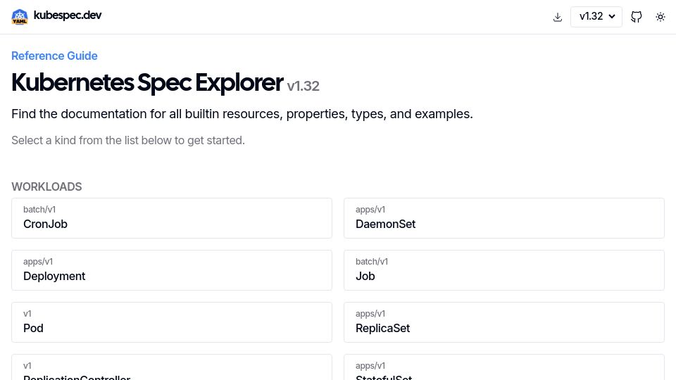 Screenshot of kubespec.dev: Show HN: Kubernetes Spec Explorer