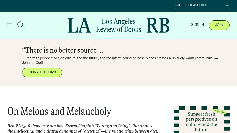 Screenshot of lareviewofbooks.org: Melons and Melancholy: Review of Steven Shapin's "Eating and Being"