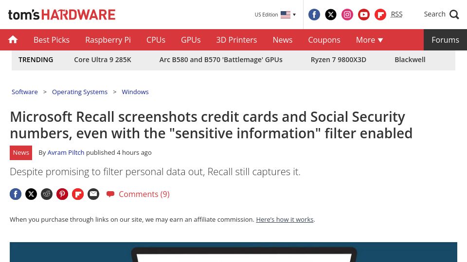 Screenshot of tomshardware.com: Microsoft Recall still storing credit card, social security numbers