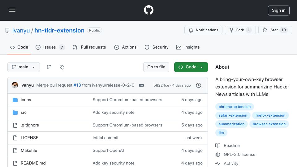 Screenshot of github.com: Show HN: Bring-your-own-key browser extension for summarizing HN posts with LLMs