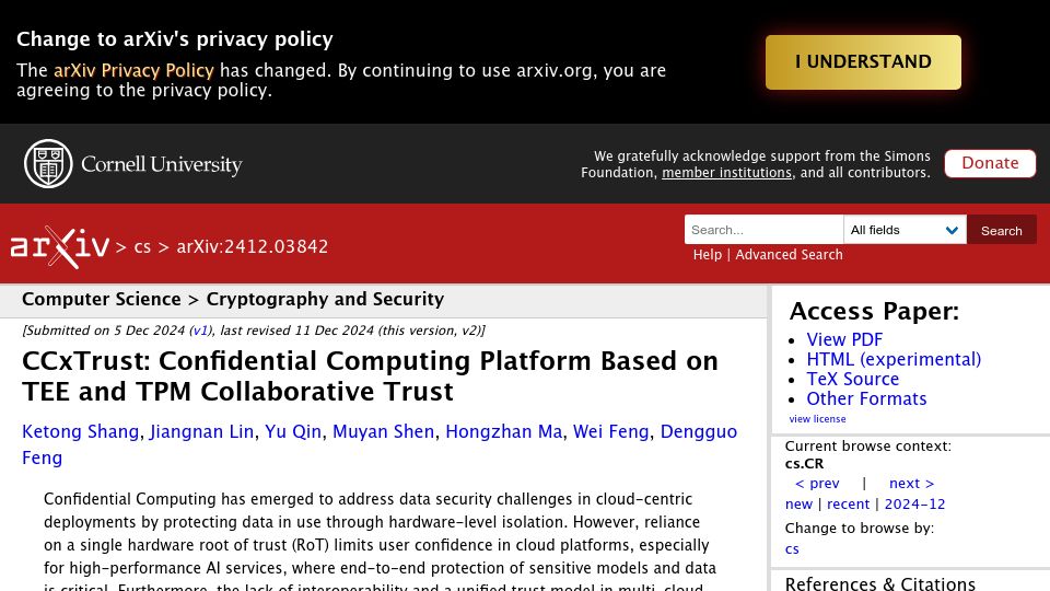 Screenshot of arxiv.org: Confidential Computing Platform Based on Tee and TPM Collaborative Trust