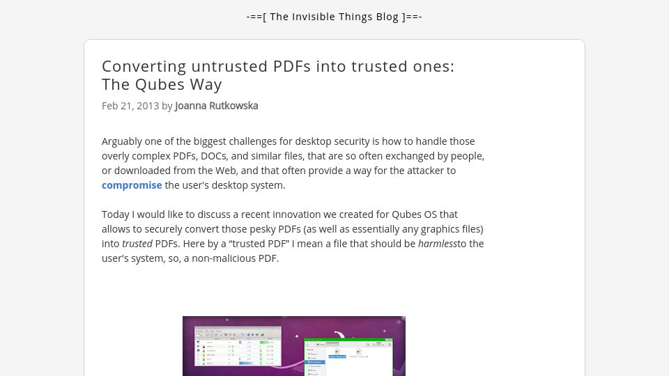 Screenshot of blog.invisiblethings.org: Converting untrusted PDFs into trusted ones: The Qubes Way (2013)