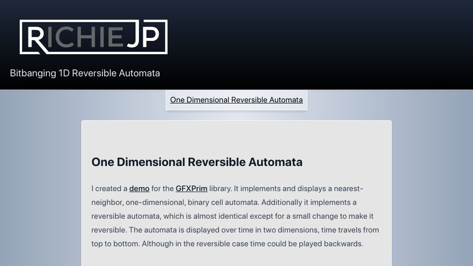 Screenshot of richiejp.com: Bitbanging 1D Reversible Automata