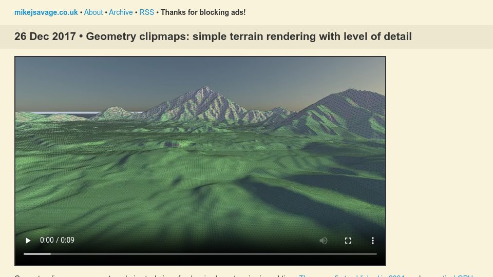Screenshot of mikejsavage.co.uk: Geometry clipmaps: simple terrain rendering with level of detail (2017)