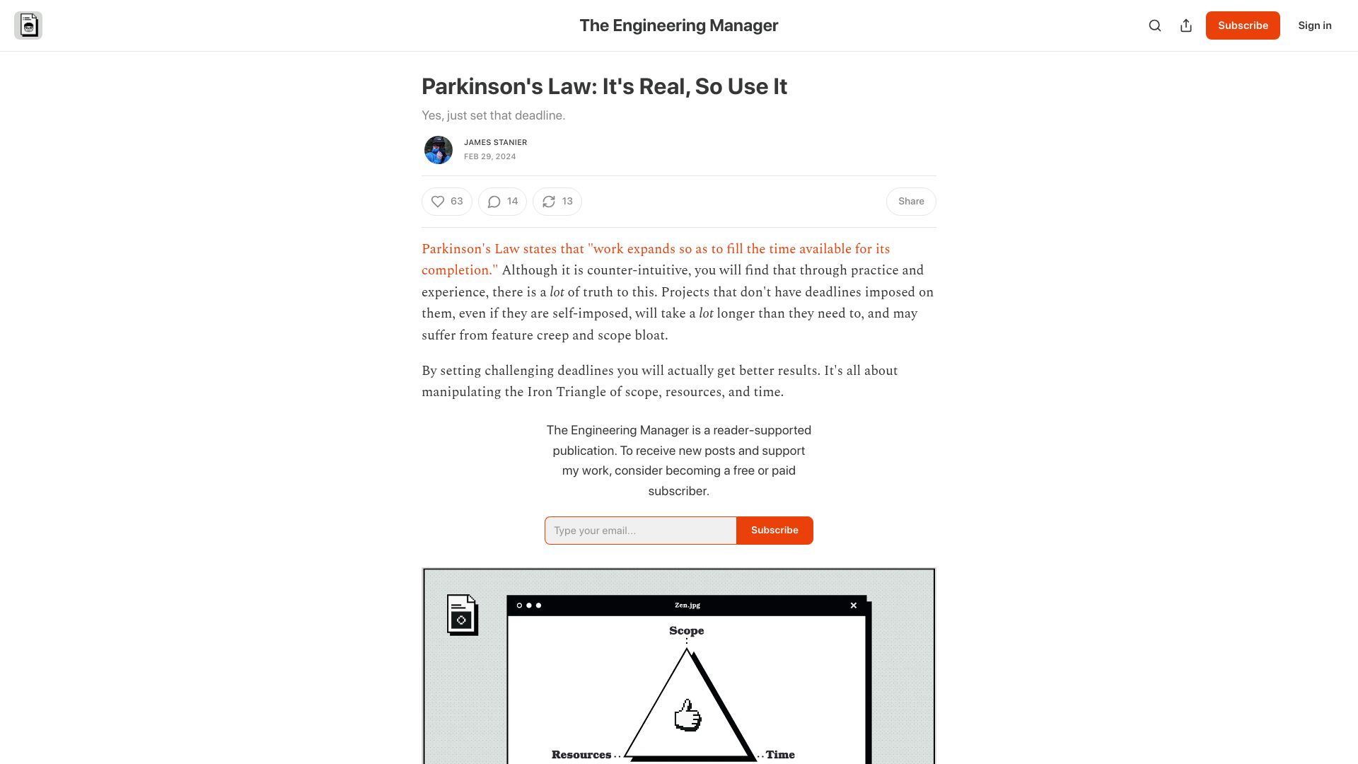 Screenshot of theengineeringmanager.substack.com: Parkinson's Law: It’s real, so use it