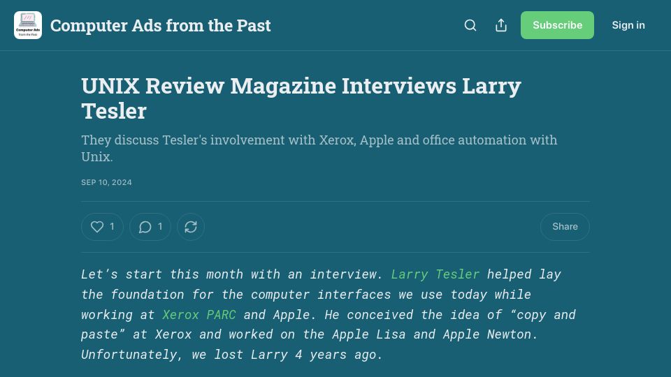 Screenshot of computeradsfromthepast.substack.com: Unix Review Magazine Interviews Larry Tesler