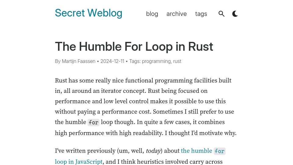 Screenshot of blog.startifact.com: The humble for loop in Rust