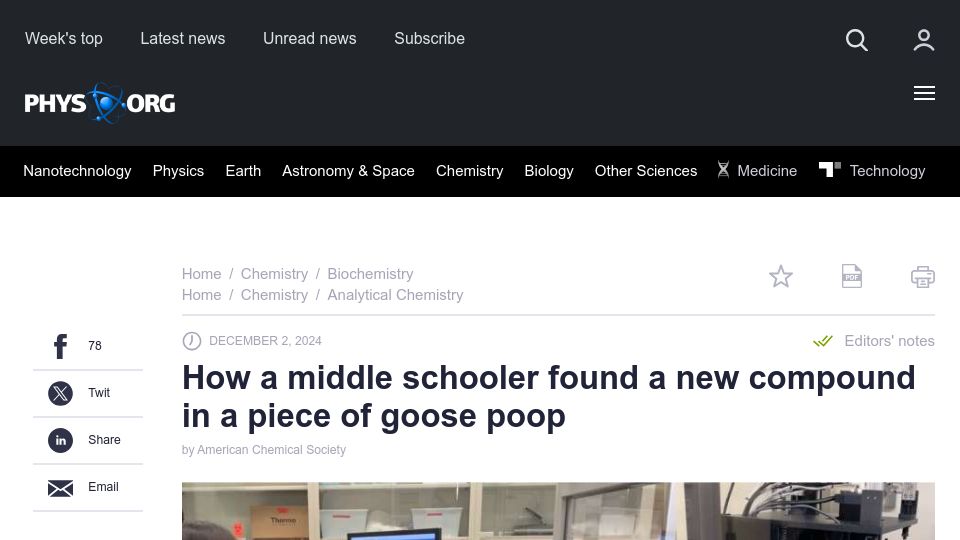 Screenshot of phys.org: A middle schooler found a new compound in a piece of goose poop