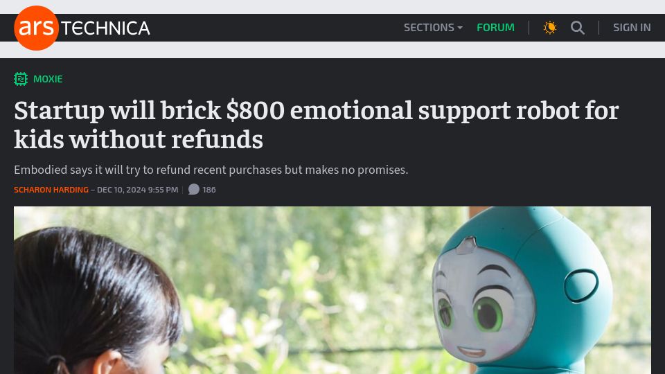 Screenshot of arstechnica.com: Startup will brick $800 emotional support robot for kids without refunds