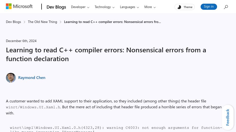 Screenshot of devblogs.microsoft.com: Deciphering C++ compiler errors: Nonsensical errors from a function declaration
